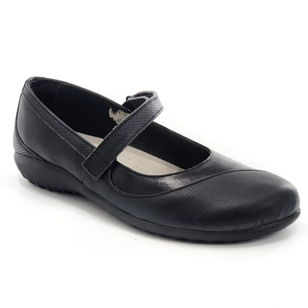 NAOT Leather Mary Jane Shoes Flats Hook & Loop Blue Black